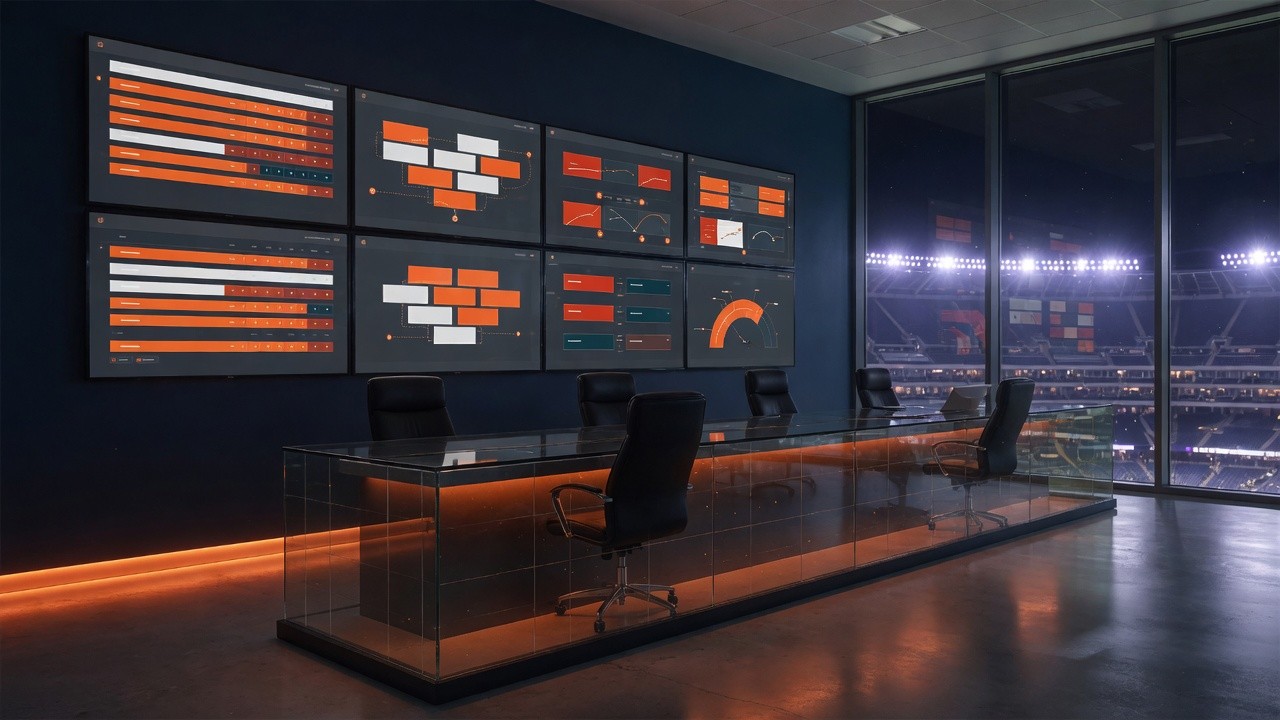 A professional club operations room overlooking a stadium
